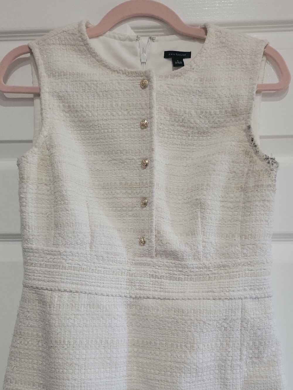 Ann Taylor White Textured Sleeveless Dress with Gold Buttons